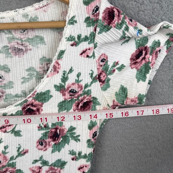 Y2K Vintage Bongo Blouse Floral Ribbed Knit Lace Neckline Button Front Size S - Picture 4 of 7